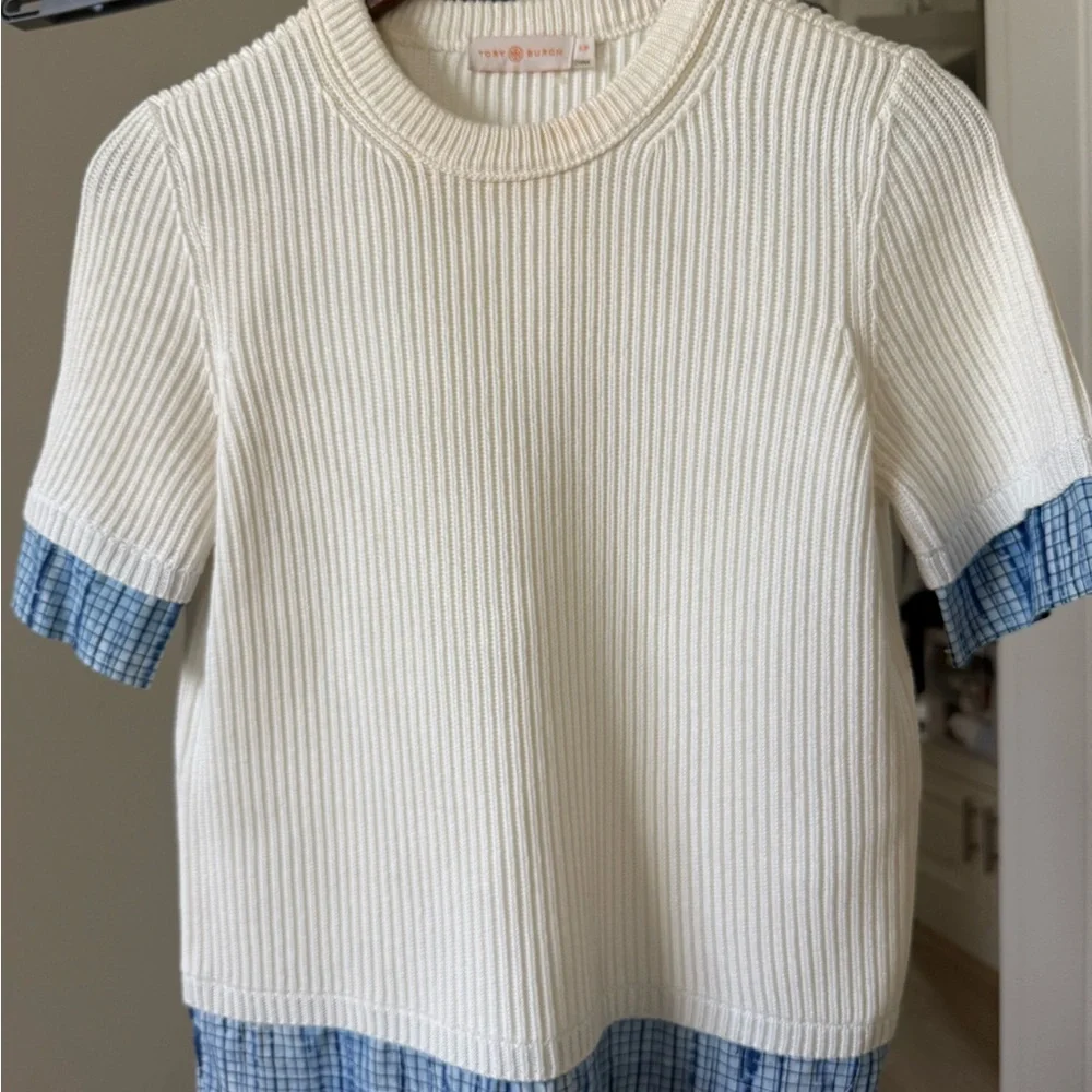 Tory Burch White and Blue Short Sleeve Tee